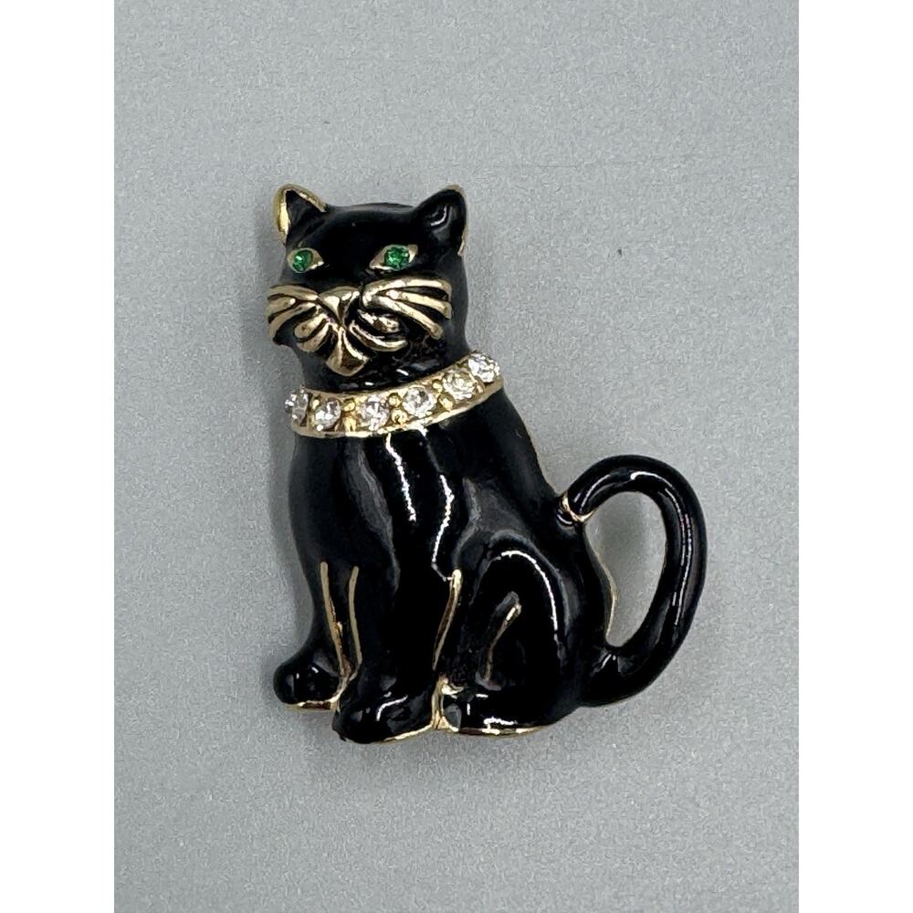 Vtg Monet Cat Black Enamel & Gold Colored Green Eyes Rhinestone Collar‎ Brooch